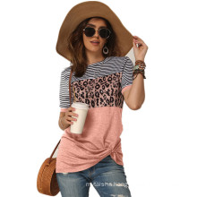2020 women hot fashion leopard striped patchwork short sleeve T-shirt